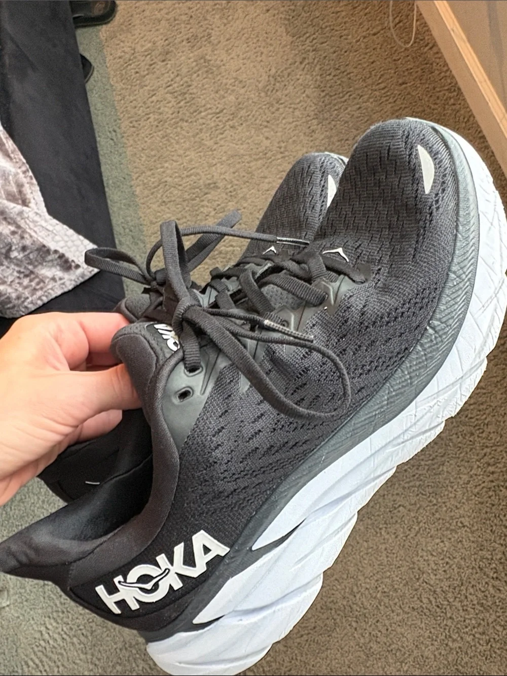 Hoka Womens Clifton 8 Black and White Athletic Running Shoes 7B